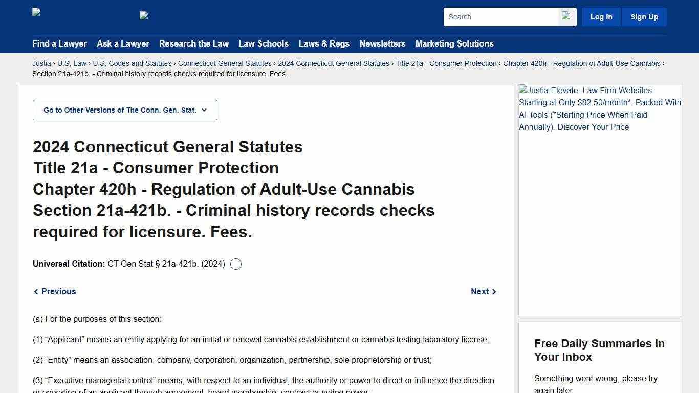 Connecticut General Statutes § 21a-421b. (2024) - Criminal history records checks required for licensure. Fees. :: Title 21a, Chapter 420h - Regulation of Adult-Use Cannabis :: 2024 Connecticut General Statutes :: U.S. Codes and Statutes :: U.S. Law :: Justia